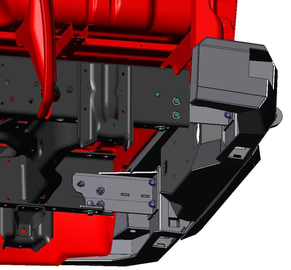 F. Bolt bumper to frame using supplied hardware: bolts, washers, and nuts. Use the ½ Hardware in the 3 larger holes per side and the 3/8 in the smaller hole further up the frame rail.