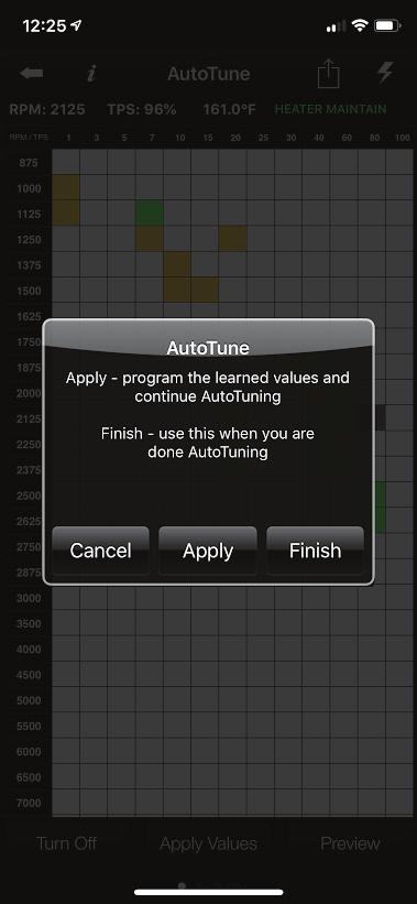 It is important to apply periodically so that the Autotune can continue learning and honing in your map. Autotune cannot be flashed while the bike is running.