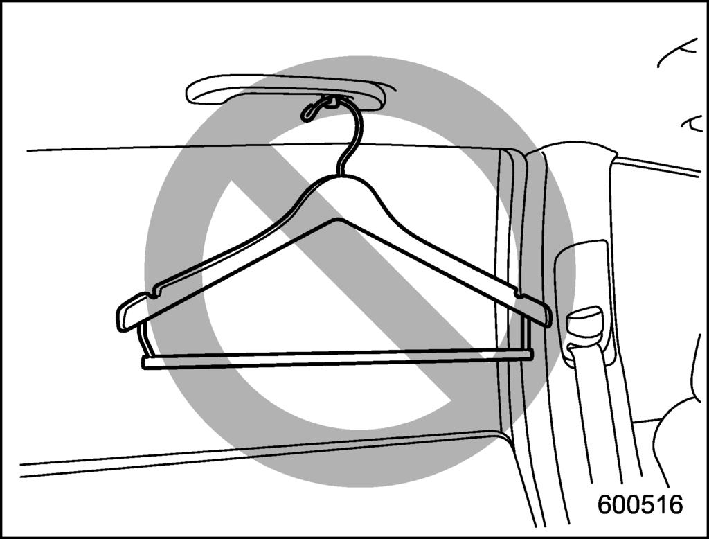 If such items were hanging on the coat hooks during deployment of the SRS curtain airbags, they could cause serious injuries by coming off the coat hooks and being thrown through the cabin or by