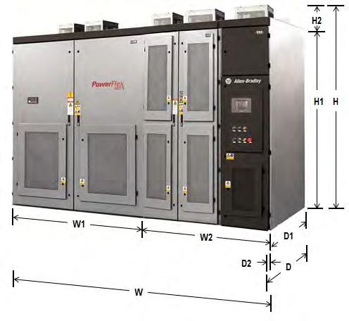 Appendix D PowerFlex 6000 Dimensions and Weights Overview Dimensions (mm) W1 Width of Cabinet 1 (Isolation Transformer section) W2 Width of Cabinet 2 (Power Module section and Low Voltage Control