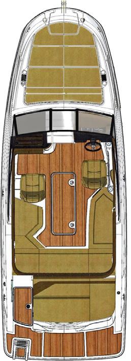 Cockpit: Stbd/Aft L-Shaped Bench Seat w/ Insulated Cooler Storage Tub Below; Port Transom Walk Thru; Sunpad/Convertible Transom Seat on Sunlounge Helm & Companion: Bucket w/swivel and Slider &