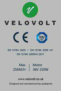 Standards and Conformity Velovolt City is an electric power assisted cycle developed in accordance with: 2006/42/EC 2004/108/EC The Machinery Directive The Electromagnetic Compatibility Directive and