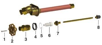 HYDRANTS (WOODFORD) MODEL 14/18 1 Handle screw 2 Wheel handle (metal) 3 Packing nut 4 EPDM packing 5 Packing support washer 6 Valve seat rubber 7