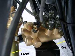 When the right foot brake lever (master cylinder) is applied, the two front brake calipers and a rear caliper
