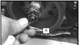 Flywheel removal generally is not required. The crankshaft end contains an oil passage plunge joint (A) as shown below.