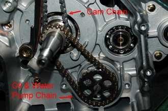 Remove pump chain drive sprocket circlip and chain from pump drive shaft and crankshaft.