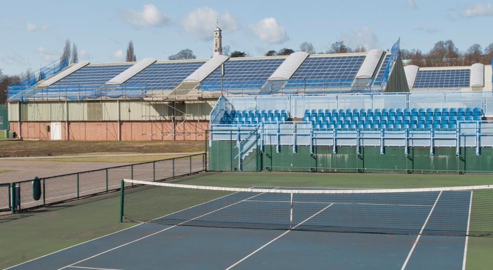 Nottingham Tennis Centre Total kwp 151 Estimated generation (kwh) 118,832 Carbon savings (kg s) 62,000 Number of panels