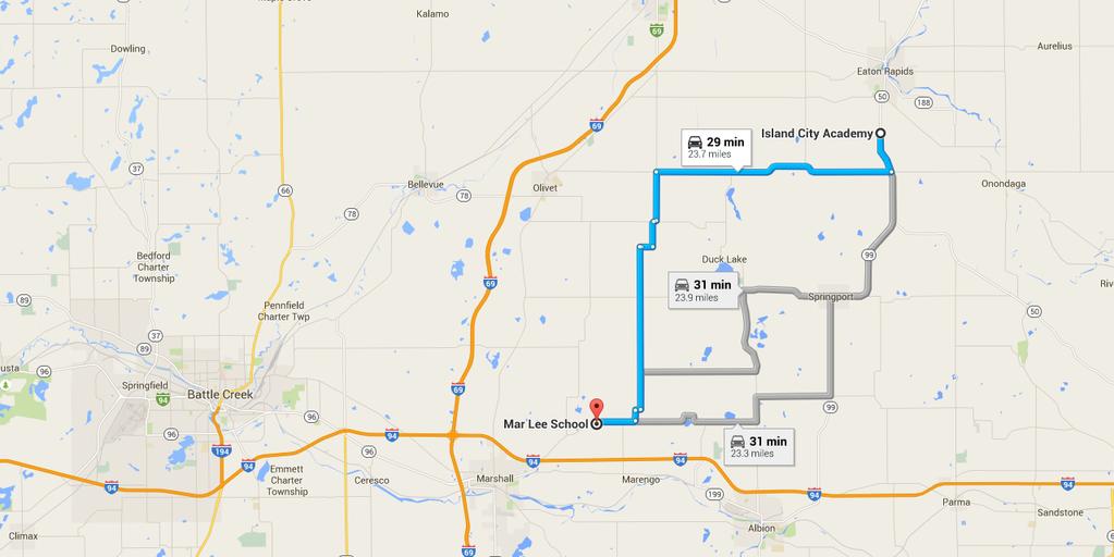9/3/2015 to Mar Lee School, Marshall, MI - Google Maps to Mar Lee School, Marshall, MI Drive 23.7 miles, 29 min 2 mi Take E Bellevue Hwy and 23 Mile Rd to H Dr N in Marengo 1.