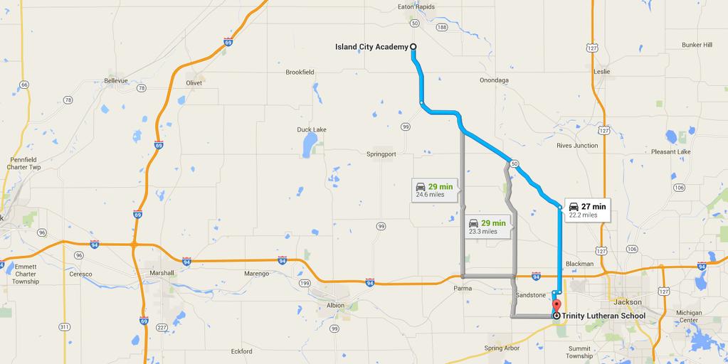 9/3/2015 to Trinity Lutheran School - Google Maps to Trinity Lutheran School Drive 22.2 miles, 27 min 2 mi 1. Head south on M-50 E/M-99 S toward Springbrook Dr 2. Slight left onto M-50 E 3.