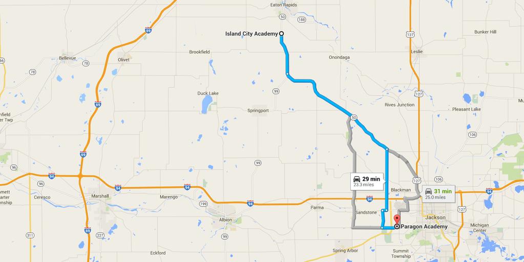 9/3/2015 to Paragon Academy - Google Maps to Paragon Academy Drive 23.3 miles, 29 min 2 mi 1. Head south on M-50 E/M-99 S toward Springbrook Dr 2. Slight left onto M-50 E 3.