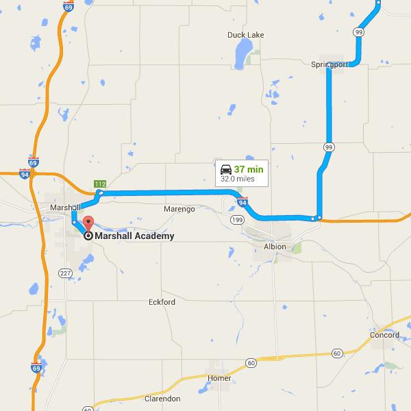 11/4/2015 to Marshall Academy - Google Maps Township. Take exit 112 from I-94 W 5. Merge onto I-94 W 10 min (11.8 mi) 11.4 mi 6. Take exit 112 for I-94 toward Marshall 0.