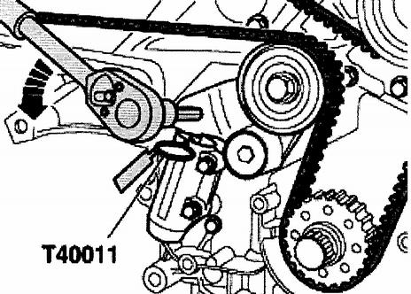 T40011 pin can be inserted into the bore of the pistons and housing. Notes: ^ The toothed belt tensioner is oil dampened.
