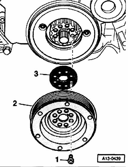 Remove 8 bolts 1. Remove harmonic balancer 2 and thrust washer 3. Note: Thrust washer 3 is only installed on toothed belt gear with part number 06C 105 063.