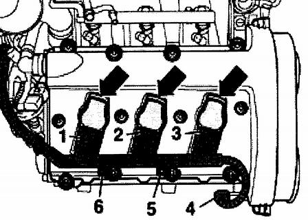 Remove bolts 5 and 6 at right cylinder head cover. Disconnect electrical harness connectors 1 to 4.