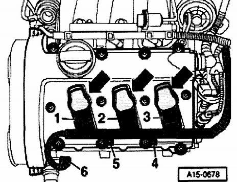 Unscrew bolts 4 and 5 at left cylinder head cover. Disconnect electrical harness connectors 1 to 3 and 6.