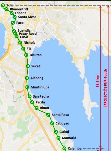 PNR South Commuter Connects Manila and Calamba, Laguna Project type Commuter rail Length 72 km Cost PhP 345 billion Source of funds ODA Japan and ADB Proponent DOTr/PNR Start of Construction TBD