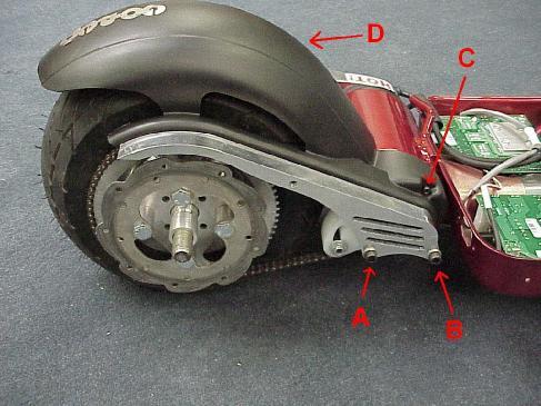 8) Remove fender. 9) Remove rear wheel 10) Deflate rear wheel! This is very important. Failure to deflate the tire before disassembling the rear wheel can crack the wheel! 11) Disassemble rear wheel.