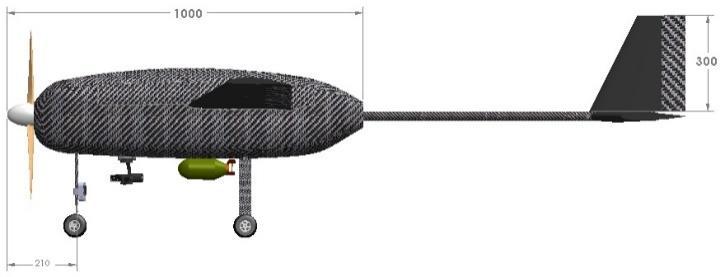 Figure 8: Huma s Dimensions(in mm) GENERAL CHARACTERISTICS PERFORMANCE MAIN WING Length 2.10 m Stall Speed 23 Kts (12 m/s) Airfoil E214 Total Wingspan 2.70 m Cruise Speed 31 Kts (16 m/s) Span 2.