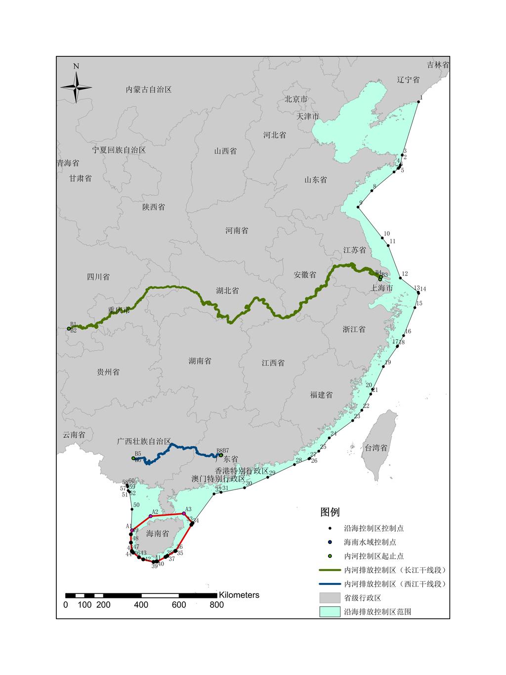 Legend Control points of coastal control area Control points of the Hainan Water Area Starting and Ending Point Locations in Inland River Control Area Inland River DECA (Yangtze River