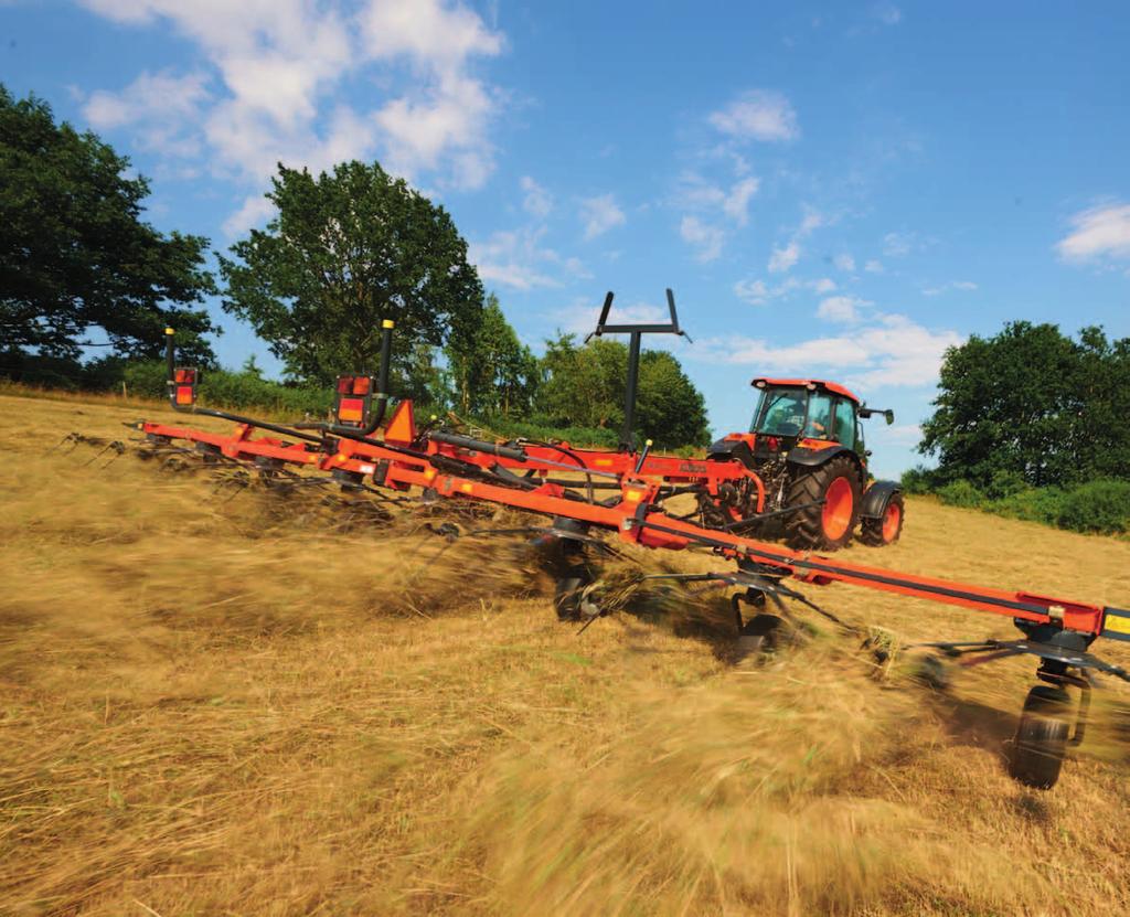 high CaPaC KUbOTa TE8511C Sheer Efficiency This machine offers a new dimension in efficiency and stability. With 8 rotors and 7 tine arms each, the TE8511C can neatly spread four 10 swaths.