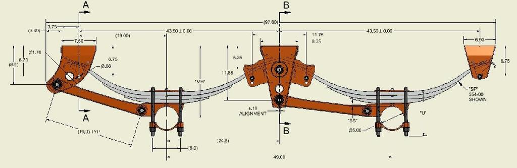 Axle Spacing Your trailer application will determine the axle spacing needed. The standard axle spacing is 49, axle spacing wider than 49 will require a special length rocker or custom configuration.