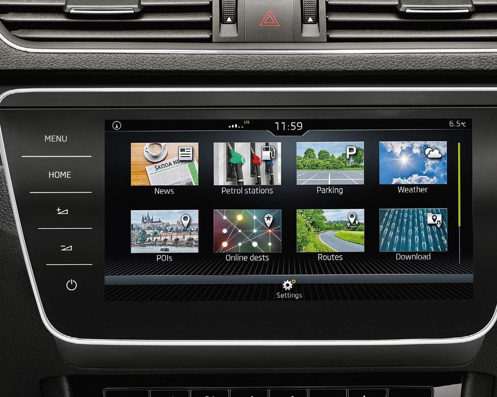STAY CONNECTED The new ŠKODA Connect system turns the Superb into a fully interconnected car. Infotainment Online provides satellite navigation, traffic reports and calendar updates.