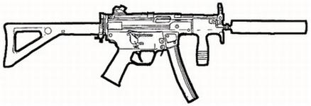 Heckler & Koch MP5K Cost : 320 eb Length : 33 cm, crosse repliée Shortened version of the MP5, often used by special police forces and terrorists.