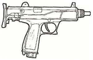 Klin Cartridge : 9 mm M (1D6+3) Cost : 205 eb Length : 30 cm, crosse repliée, sans silencieux This weapon comes with a silencer.