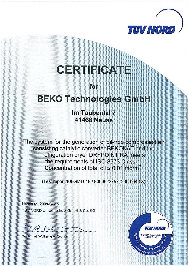 Certified quality of the BEKOKAT Certified oil free air acc. to class 1 ISO 8573-1 (and better) Residual oil content of down to 0.