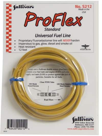 For glow guys and gasser guys: NEW - Sullivan ProFlex Universal Fuel Tubing The ProFlex line of universal tubing is a proprietary Fluoroelastomer (FKM) tubing that will Never harden.