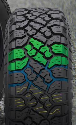 Large groove volumes to maximize hydroplaning resistance, wet traction, and mud traction performance.