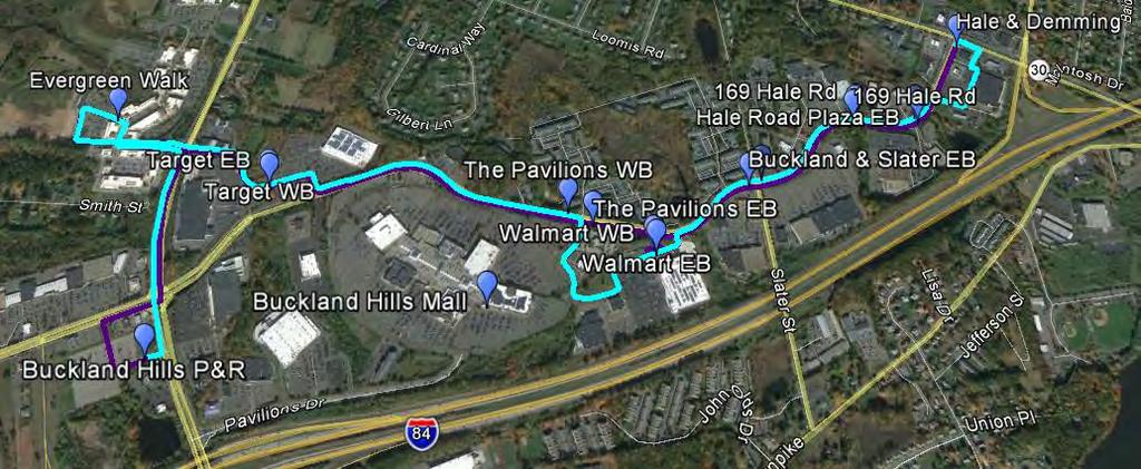 Connecting Service Opportunities: Buckland Hills Option C: Connections to UConn - Hartford at P&R - no service to Mall Legend Eastbound Westbound Schedule EB & WB UConn - Hartford at same time