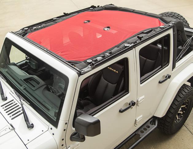 With mesh construction, this sunshade is held between the windshield and the rear crossbar eliminating the need for a header channel.