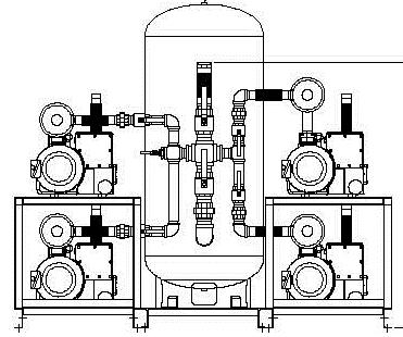 tank. The extrapolated quadraplex systems consist of two pumps mounted on one side of the vertical tank and two pump mounted on the other side of the vertical tank.