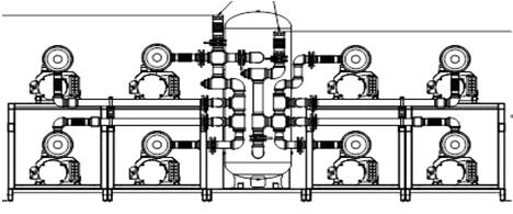 The extrapolated pentaplex, hexaplex and octoplex systems consist of two pumps mounted on one side of the vertical tank and two additional two pump stacks mounted on the other side of the vertical