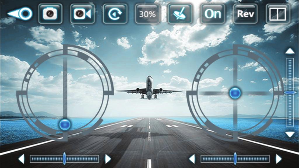 Flight Screen Note that the airplane and runway graphic (pictured below) is replaced by the view from the craft s on board camera when using the app. Photo Take a photo. Video Take a video.