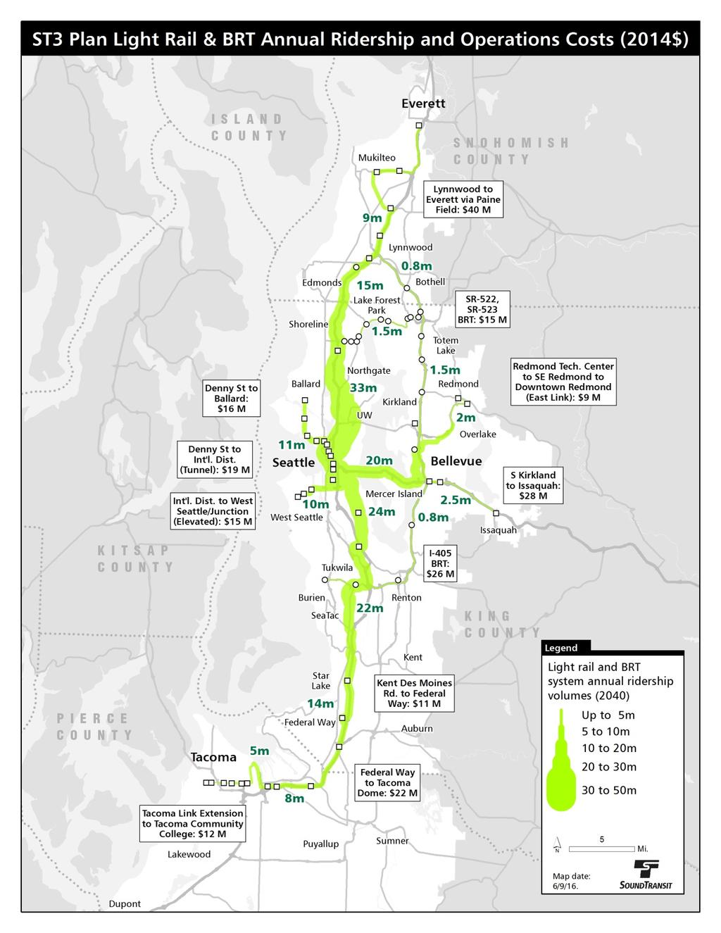 Operating costs and ridership on each ST3 light rail extension This map illustrates the annual transit ridership volumes in 2040 on each of the seven light rail extensions and the two BRT lines T