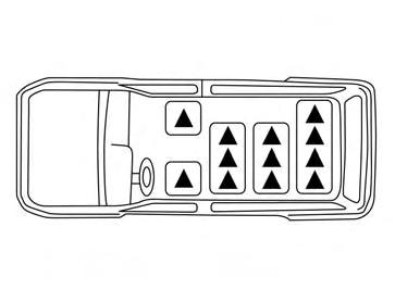 The illustration shows the seating positions equipped with head restraints. The second, third and fourth row head restraints are removable but not adjustable.