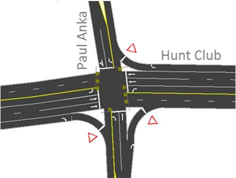 The eastbound approach consists of single left and right-turn lanes and two through lanes.