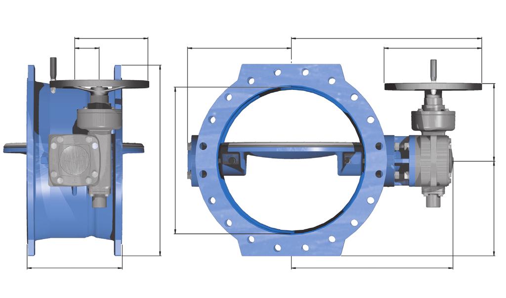 Butterfly valve with double eccentric filting disc Soft-seated according to DIN EN 593 Face-to-face length GR 14 according to DIN EN 558 DN 200 to DN 1400, PN 10 and PN 16 Specifications DIN DVGW