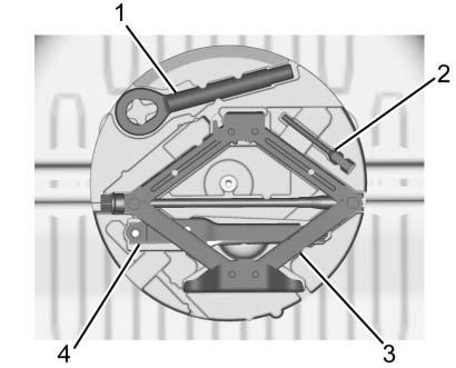 3. Turn the retainer nut counterclockwise and remove the spare tire. Place the spare tire next to the tire being changed. 4. The jack and tools are stored below the spare tire.