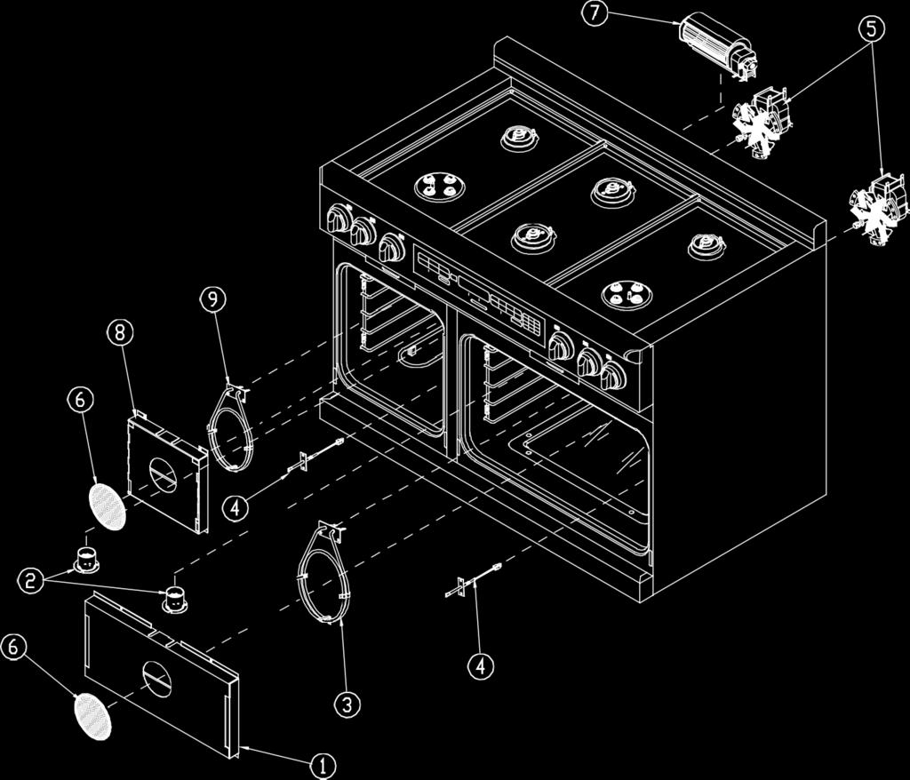 ER48D Oven Parts (Diagram ) Item Part # Description Fasteners Required (Quantity) Part # 707 CONVECTION BAFFLE KIT (right oven) (4) 83708 7755 SMOKE ELIMINATOR () 83708 3 779 CONVECTION ELEMENT