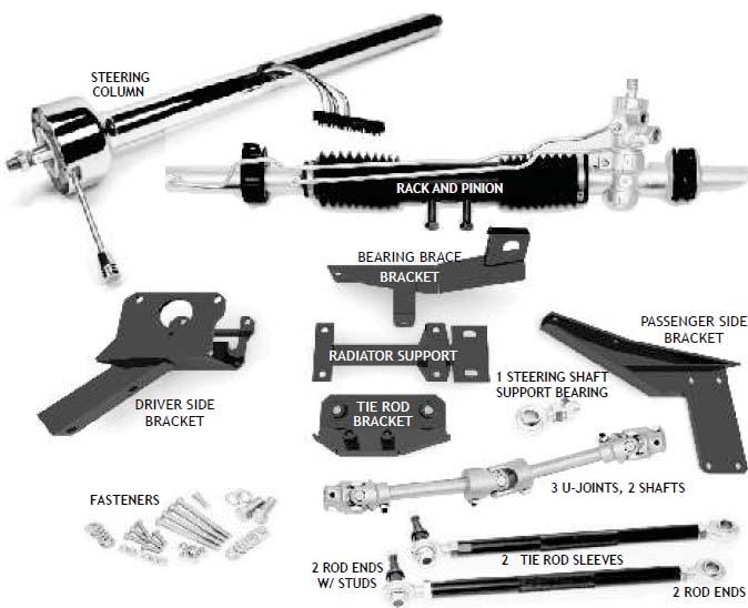 Verify Kit Contents: 1 RACK AND PINION WITH 2 RUBBER RACK BUSHINGS 2 RACK MOUNTING CLAMPS 2 TIE ROD ENDS W/ TAPERED STUDS 3 ROD ENDS (INCL.