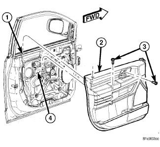 2012 Chrysler Truck Town & Country V6-3.6L Copyright 2013, ALLDATA 10.52 Page 2 3. Remove the two screws (3) that secure the front door trim panel (2) to the door (4). 4.