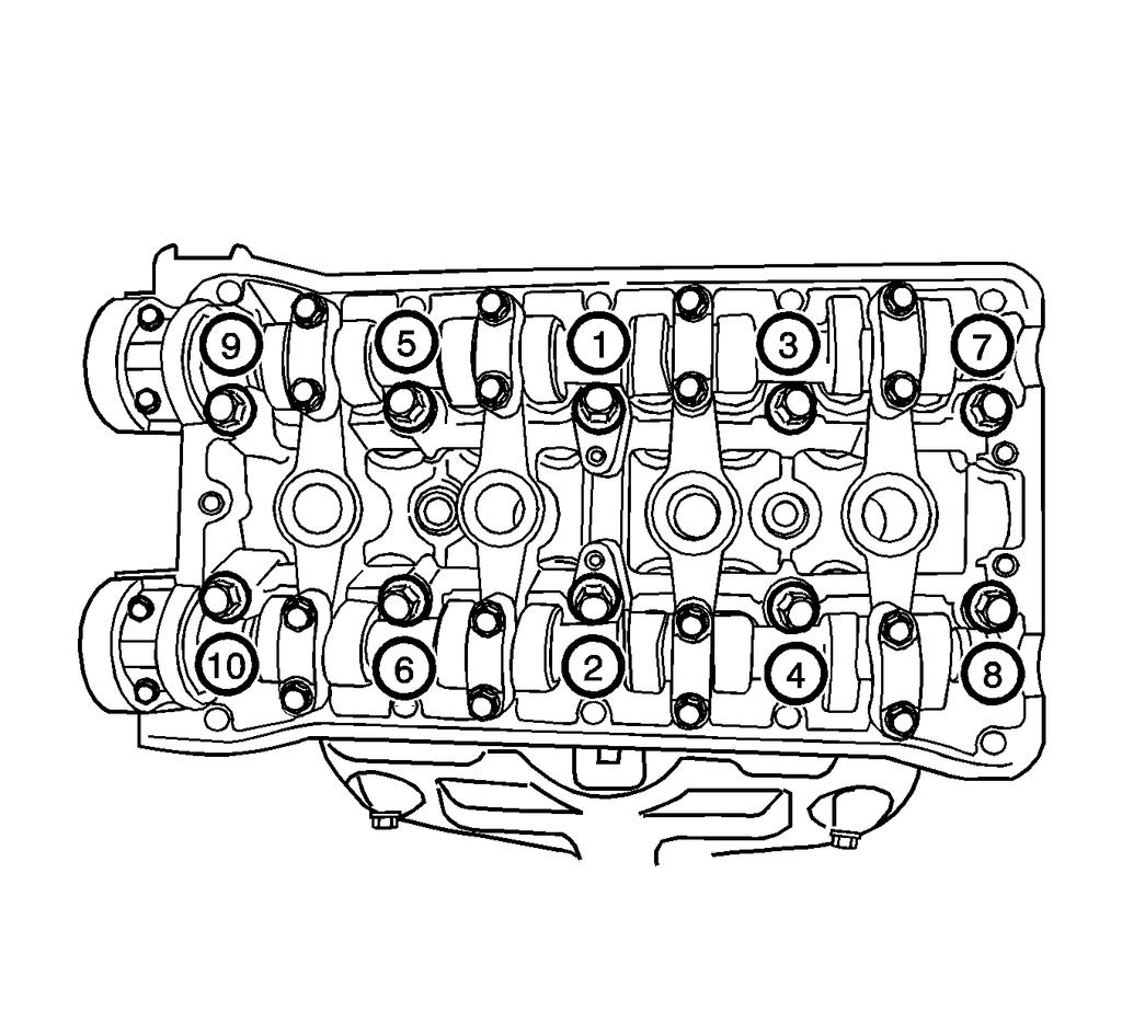 70. Loosen all of the cylinder head bolts gradually and in the sequence shown. 71. Remove and discard the cylinder head bolts. 72.