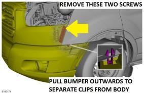 14) The last step in front bumper cover removal is to locate the 2 tabs along the top of the grill which secure the bumper cover / grill assembly to