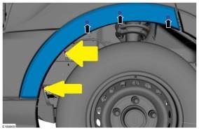 4) Using the above image as a reference, try to locate and pry free the three remaining push pins securing the fender trim to the fender denoted by the black arrows above. a. Note, these pins will likely break.