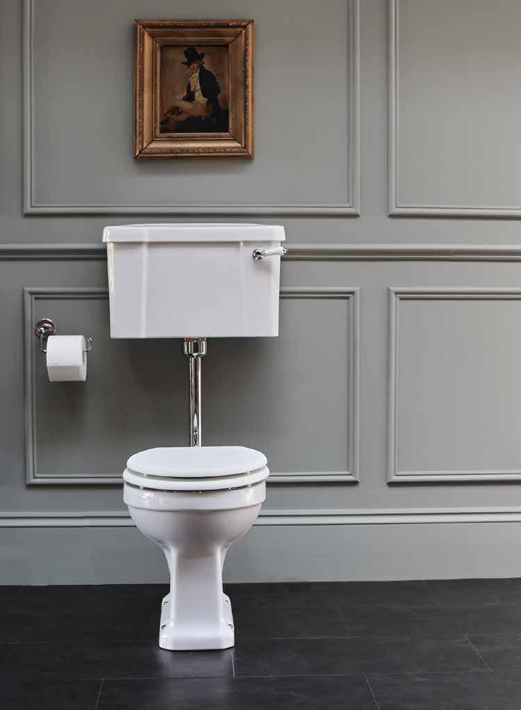 Standard low level WC with 520mm lever cistern, White soft-close seat and