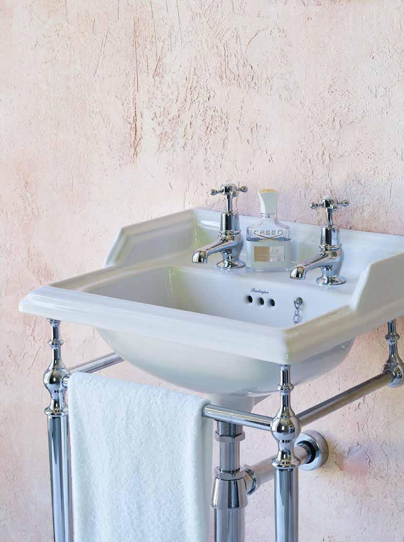 510mm Classic square basin, chrome washstand and Claremont 3 pillar taps with plug and chain waste and soap dish.