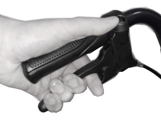 To lock the brake, pull up the brake lever (Fig 10.2.1) and with your fore finger push down on the lock (Fig 10.2.2). Release the brake lever and it will remain in this locked position.